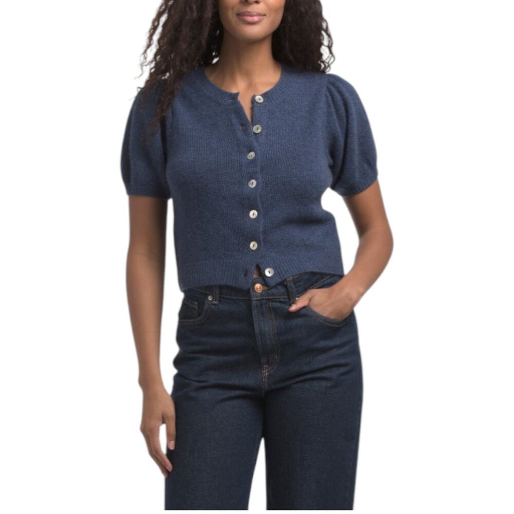 ELIE TAHARI Cashmere Puff Sleeve Crew Neck Button Down Cardigan